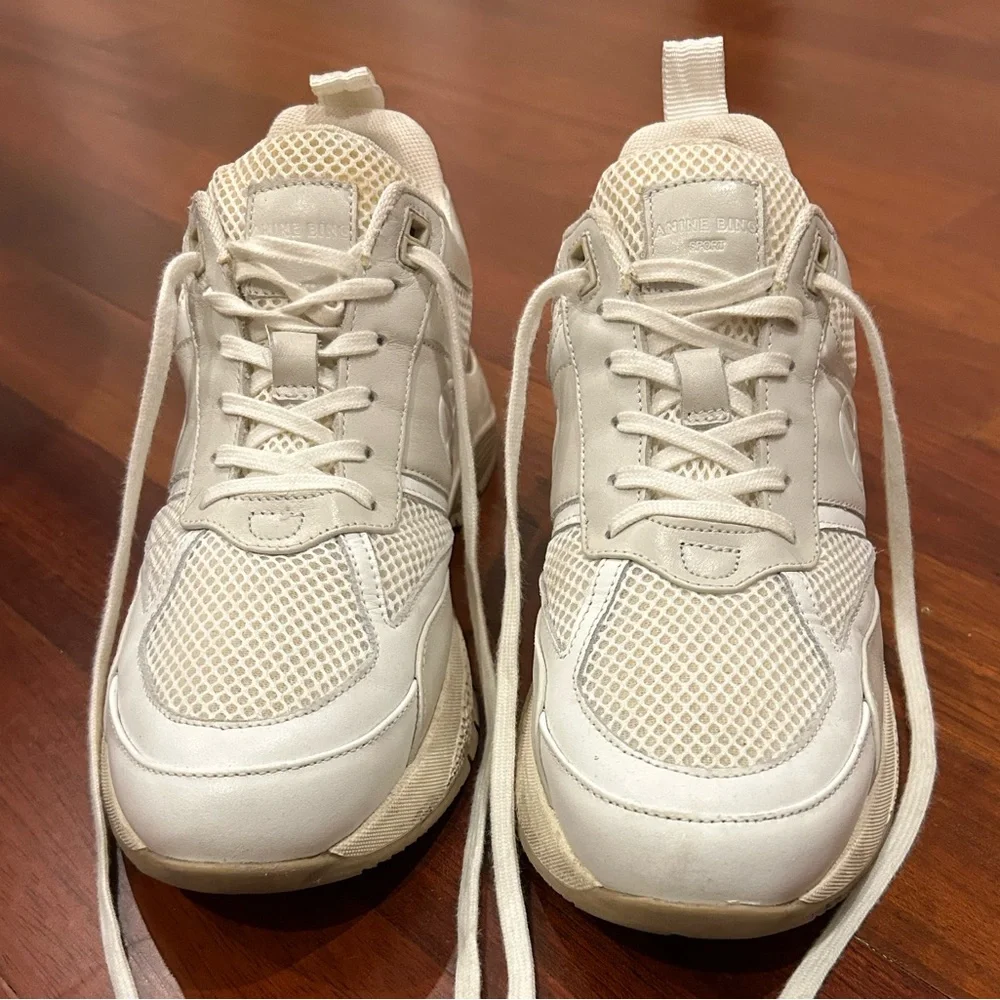 Anine Bing Cream White Mesh Leather Platform Sneakers